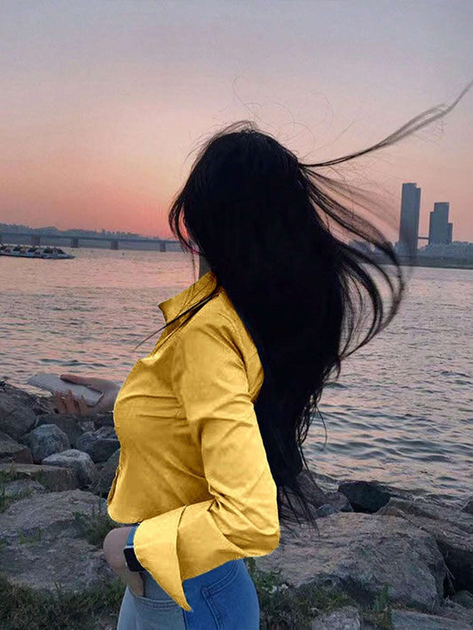 Women's Casual Solid Curved Hem Button Down Shirt