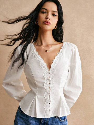 Poéselle Cotton Elegant Lace Trimmed Waist Button Detail Shirt