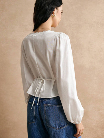 Poéselle Cotton Elegant Lace Trimmed Waist Button Detail Shirt