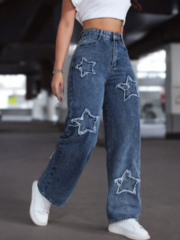 Women Casual Star Embroidered Denim Jeans