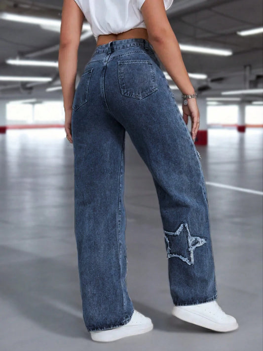 Women Casual Star Embroidered Denim Jeans