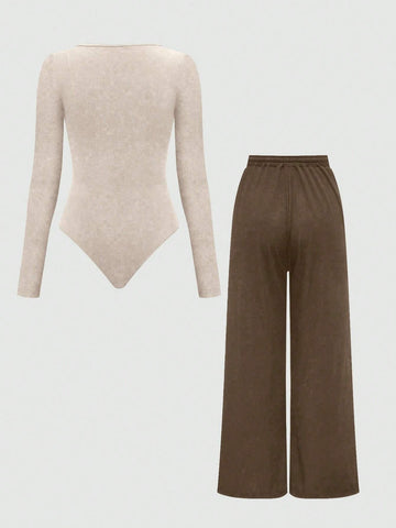 MOOSTA Summer Casual Plain Asymmetrical Hem Bodysuit And Pants Set