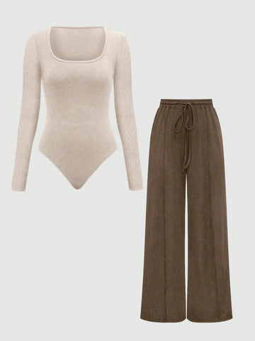 MOOSTA Summer Casual Plain Asymmetrical Hem Bodysuit And Pants Set
