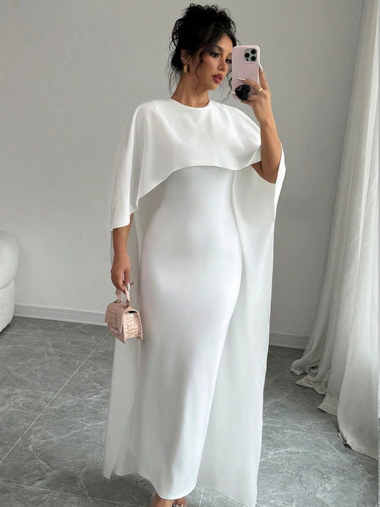 1pc Elegant Women's Solid Batwing Sleeve Long Dress