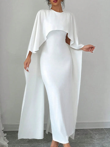 1pc Elegant Women's Solid Batwing Sleeve Long Dress