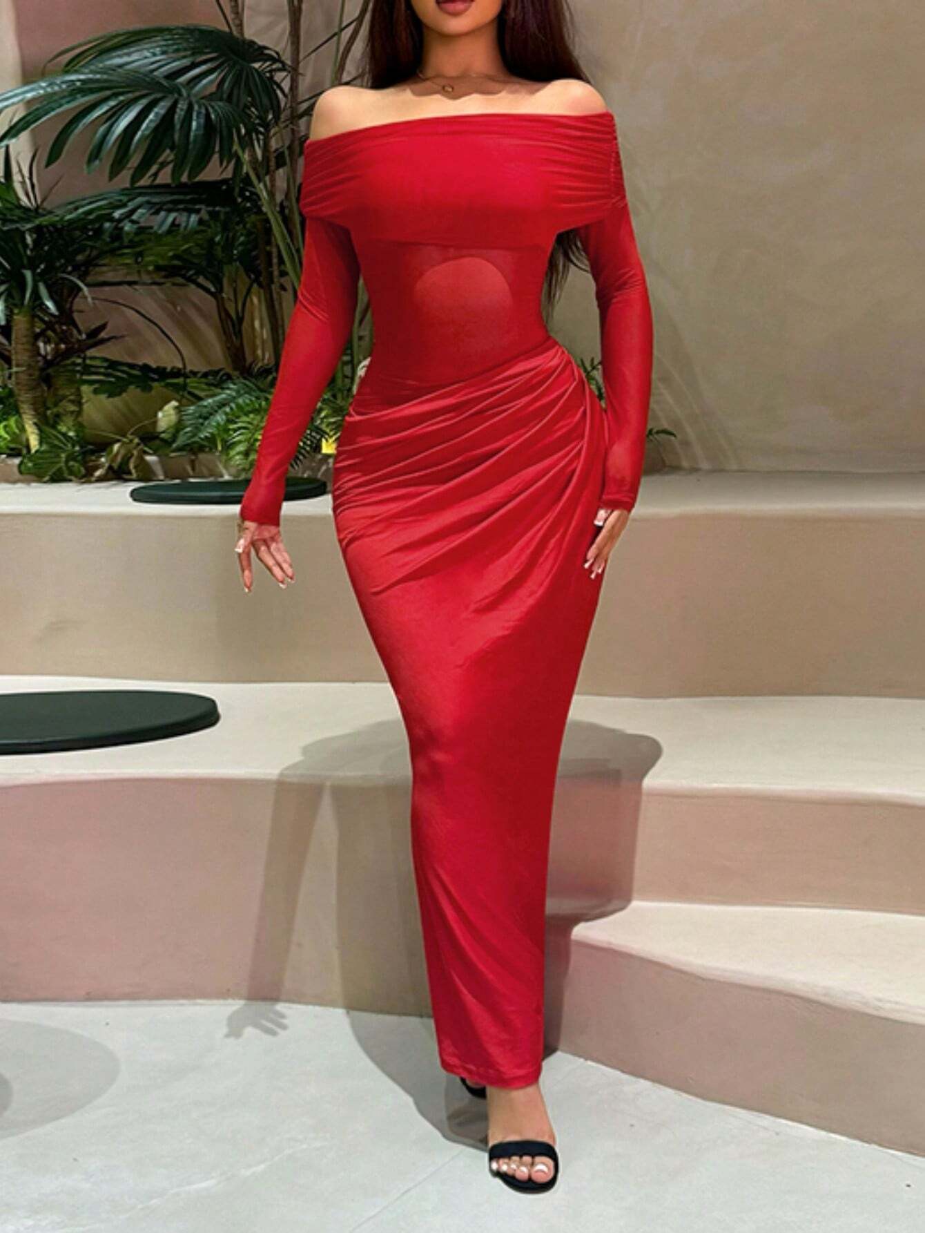 Women's Solid Color Off-Shoulder Mesh Hollow-Out Long Sexy Bodycon Dress