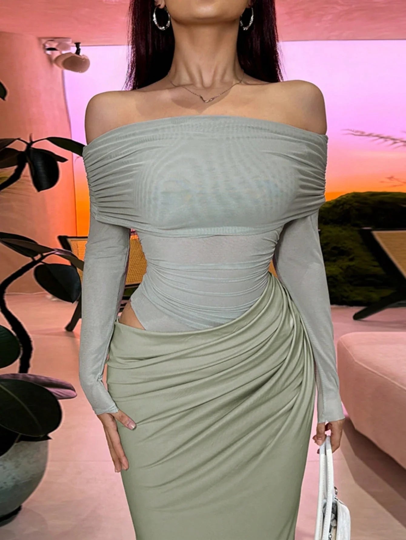 Women's Solid Color Off-Shoulder Mesh Hollow-Out Long Sexy Bodycon Dress