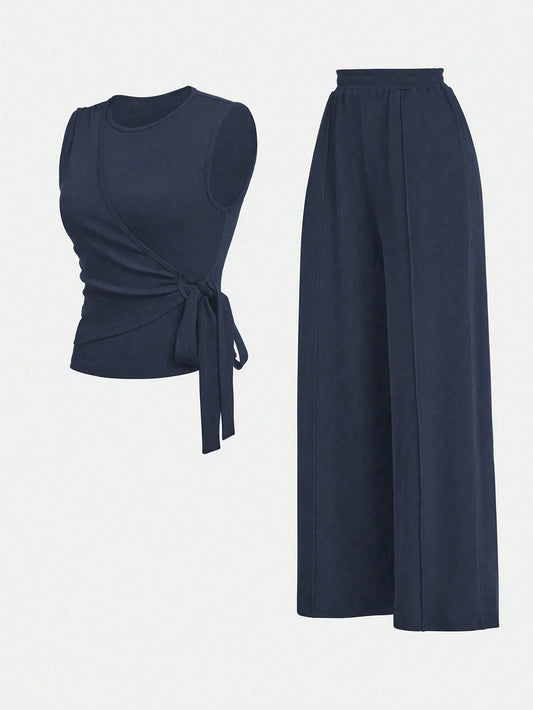 2pcs Set Women Solid Color Side Tie Tank Top And Wide Leg Pants