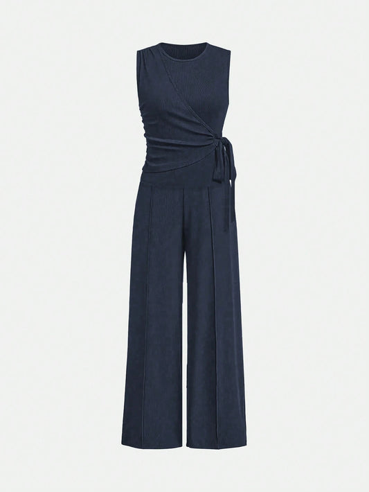2pcs Set Women Solid Color Side Tie Tank Top And Wide Leg Pants
