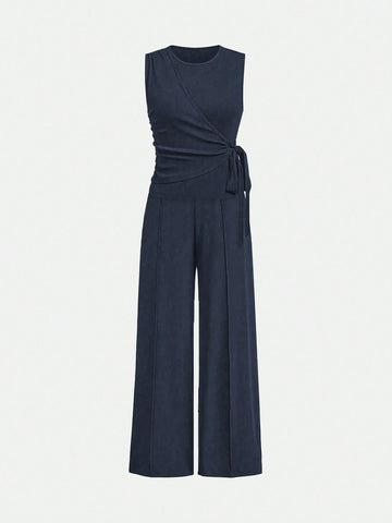 2pcs Set Women Solid Color Side Tie Tank Top And Wide Leg Pants