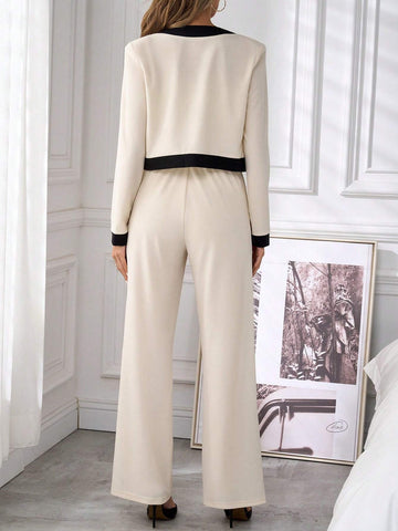 Clasi 2pcs Elegant Contrasting Trim Button-Front Shirt And Pants Set Women Pant Suit