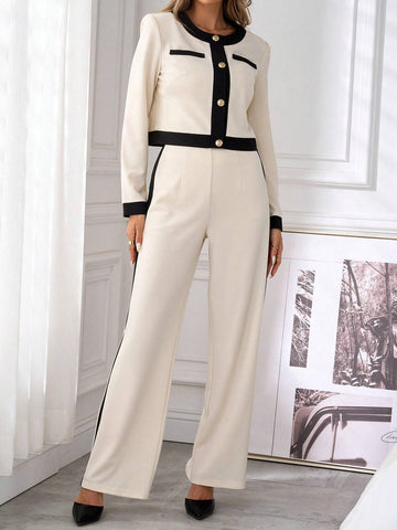 Clasi 2pcs Elegant Contrasting Trim Button-Front Shirt And Pants Set Women Pant Suit