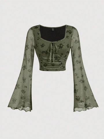 MOD Tie Dye Knot Front Flounce Sleeve Crop Top