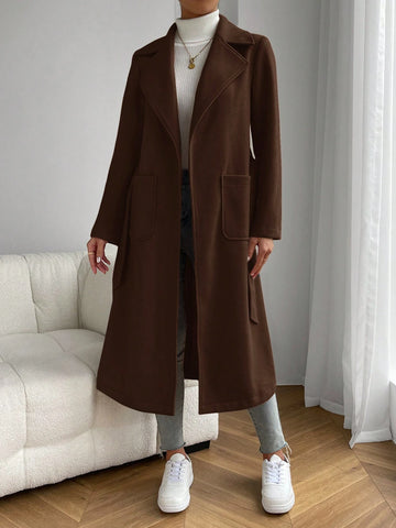 EZwear Apricot Lapel Neck Dual Pocket Belted Overcoat