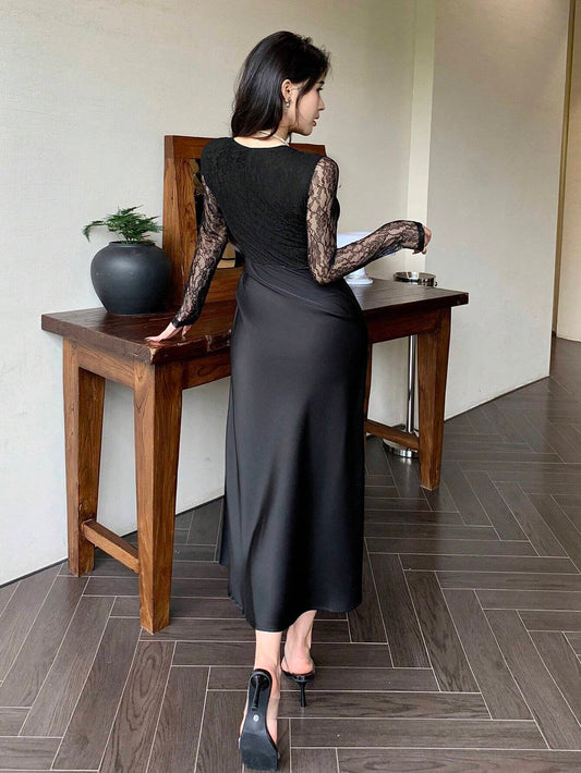 DAZY Lace Patchwork Square Neck Long Sleeve Pleated Women Midi Dress