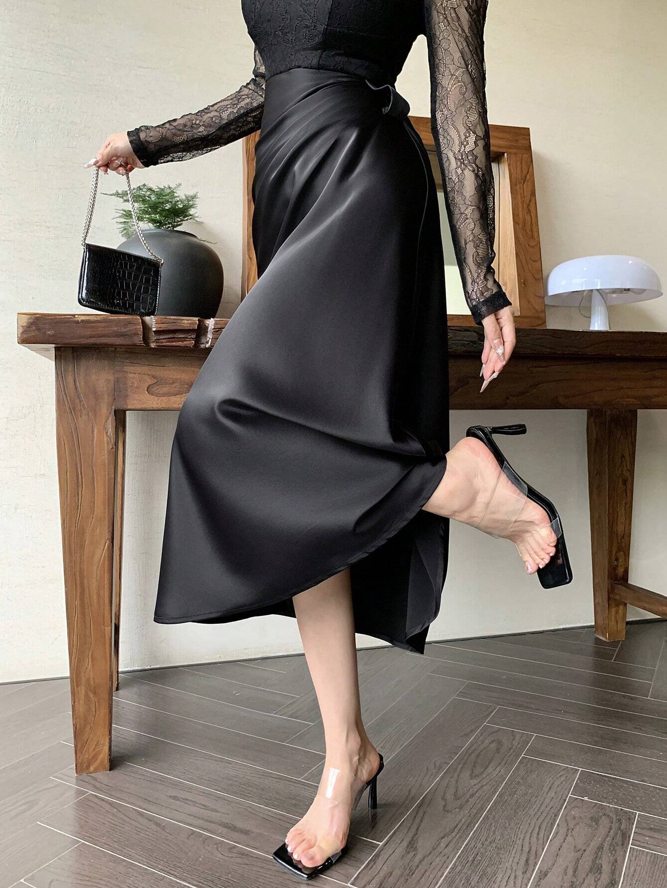 DAZY Lace Patchwork Square Neck Long Sleeve Pleated Women Midi Dress