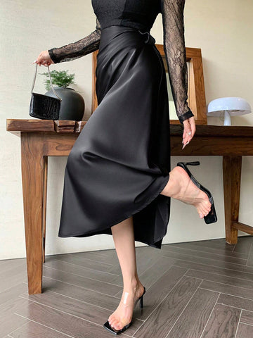 DAZY Lace Patchwork Square Neck Long Sleeve Pleated Women Midi Dress