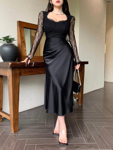 DAZY Lace Patchwork Square Neck Long Sleeve Pleated Women Midi Dress