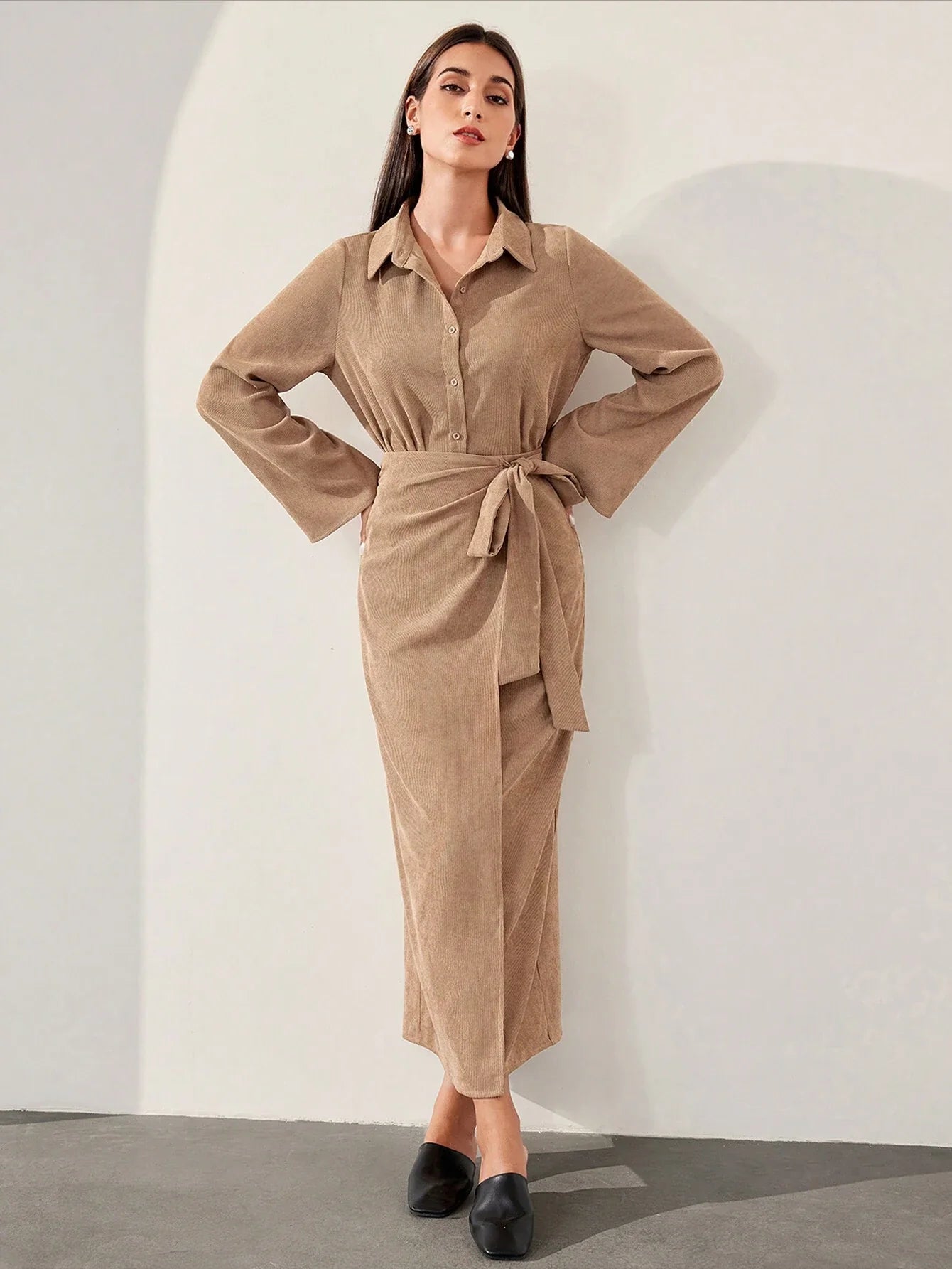 Mulvari Burgundy Red 2pcs Women's Casual Button-Up Shirt And A-Line Skirt Set