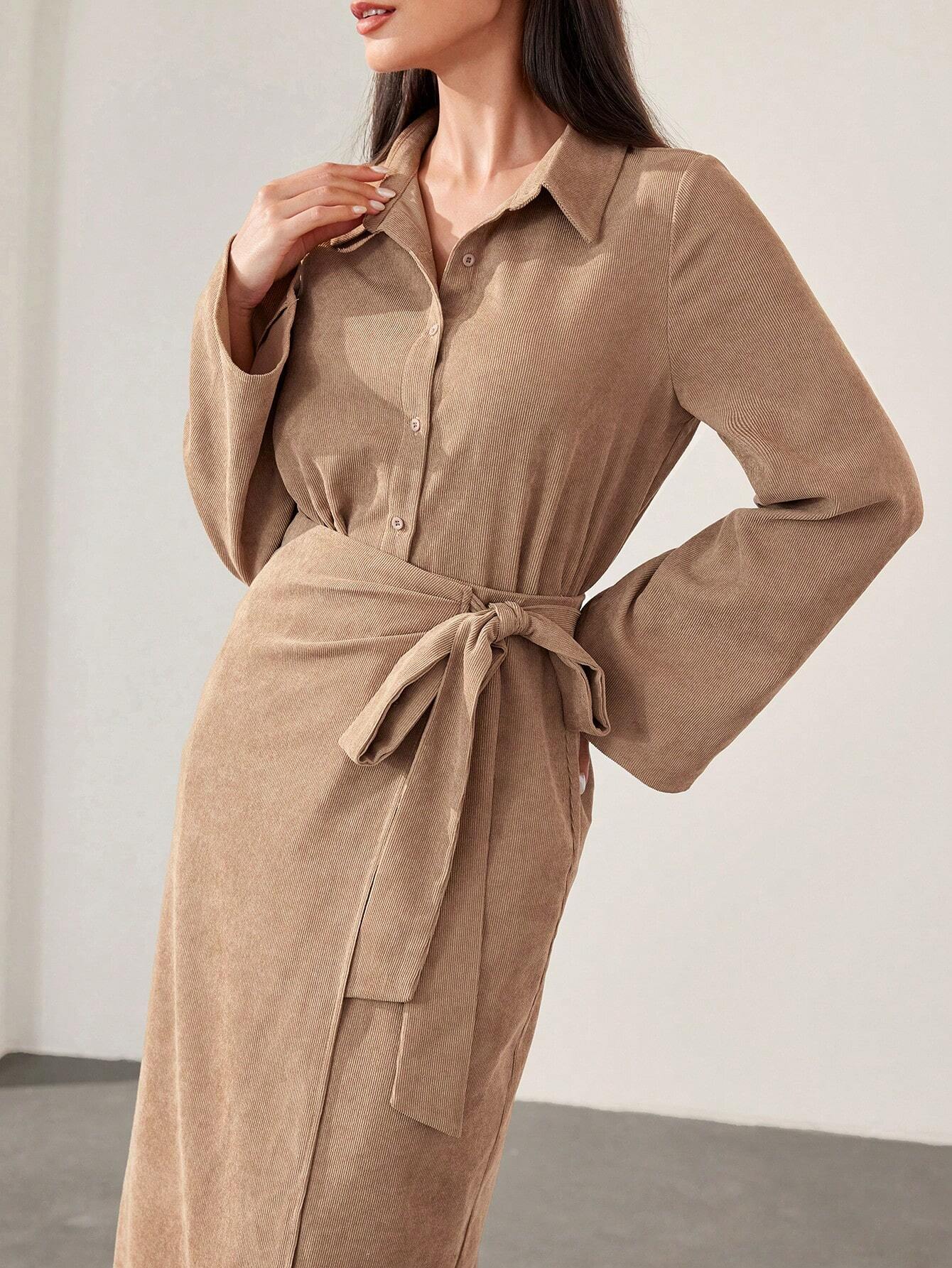 Mulvari Burgundy Red 2pcs Women's Casual Button-Up Shirt And A-Line Skirt Set