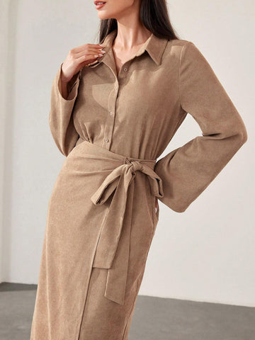 Mulvari Burgundy Red 2pcs Women's Casual Button-Up Shirt And A-Line Skirt Set