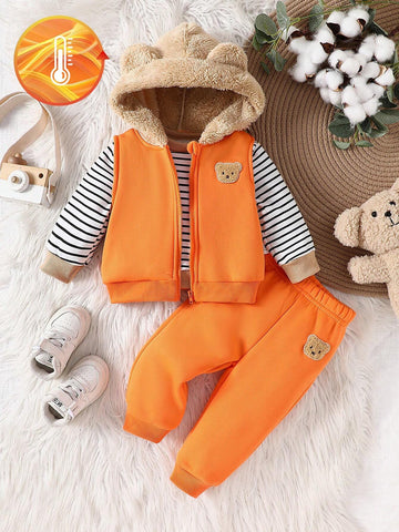 3pcs/Set Baby Boys Striped Crew Neck Sweatshirt, Bear Patch Zip-Up Hooded Vest Jacket, And Pants