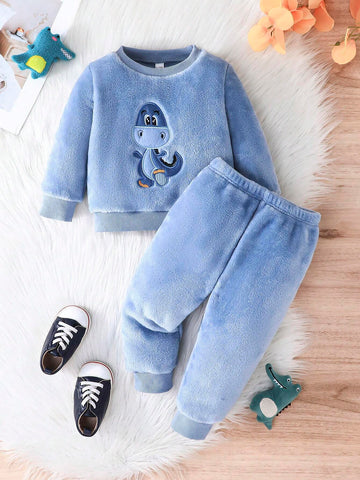 Baby Boy Dinosaur Embroidery Flannel Sweatshirt & Pants