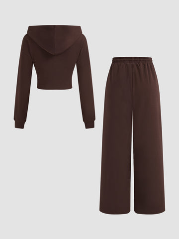 Cotton-blend Solid Ruched Hoodie & Mid Rise Elastic Waist Knotted Straight Leg Trousers Set