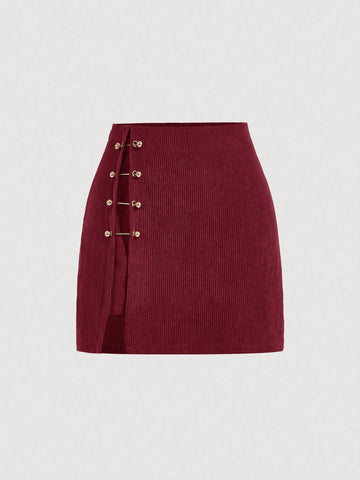 MOD Solid Color Studded Decorated Fitted Skirt