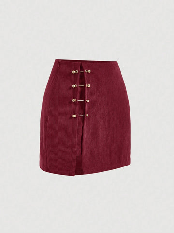 MOD Solid Color Studded Decorated Fitted Skirt