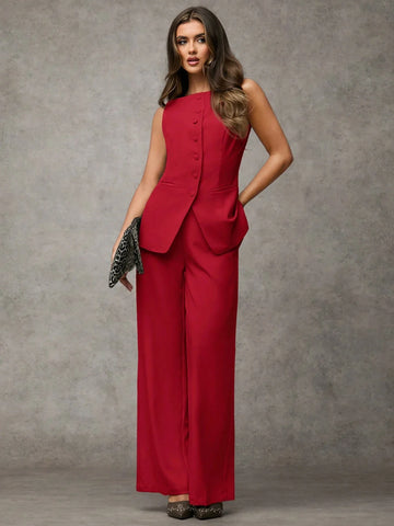 BAE Women's Solid Color Round Neck Single-Breasted Vest And Pants