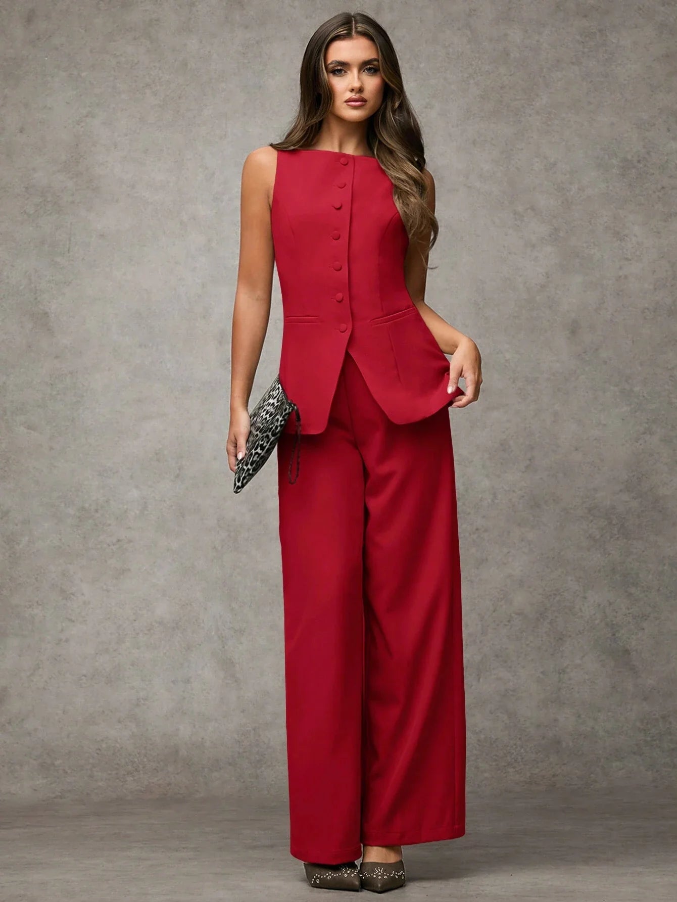 BAE Women's Solid Color Round Neck Single-Breasted Vest And Pants