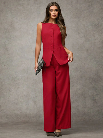 BAE Women's Solid Color Round Neck Single-Breasted Vest And Pants