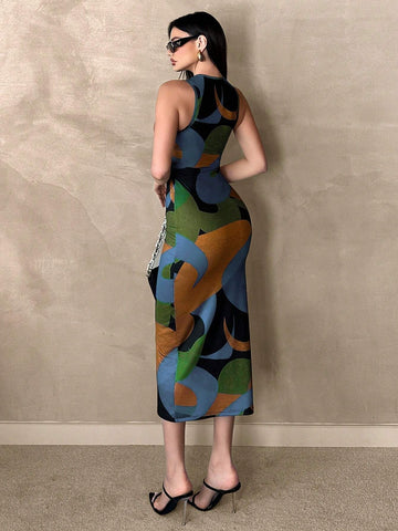 Essnce Women's Fashionable Color-Block Printed Ruched Sleeveless Dress With Elastic Waist