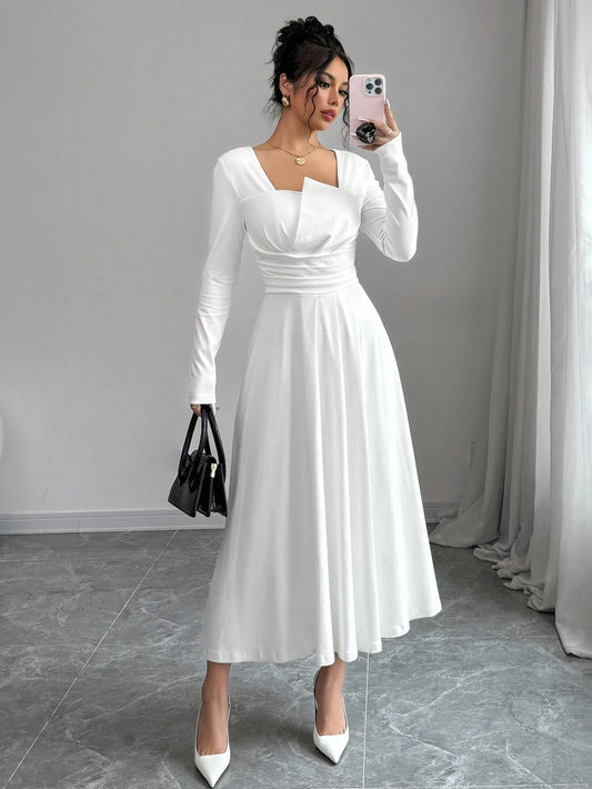 Women's Elegant Solid Asymmetric Collar Long Sleeve Ruched Waist Aline Dress