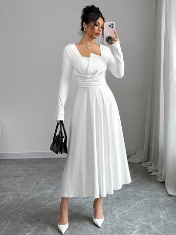 Women's Elegant Solid Asymmetric Collar Long Sleeve Ruched Waist Aline Dress