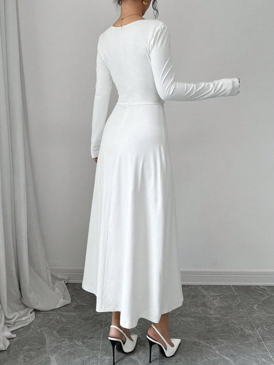 Women's Elegant Solid Asymmetric Collar Long Sleeve Ruched Waist Aline Dress