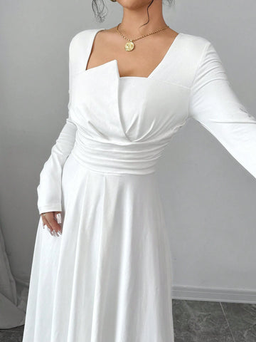 Women's Elegant Solid Asymmetric Collar Long Sleeve Ruched Waist Aline Dress