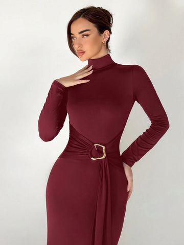 New Slim Fit Warm Stand Collar Long Sleeve Cinched Waist Extra-Long Versatile Knit Dress