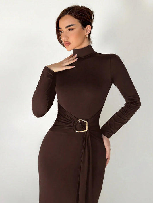 New Slim Fit Warm Stand Collar Long Sleeve Cinched Waist Extra-Long Versatile Knit Dress