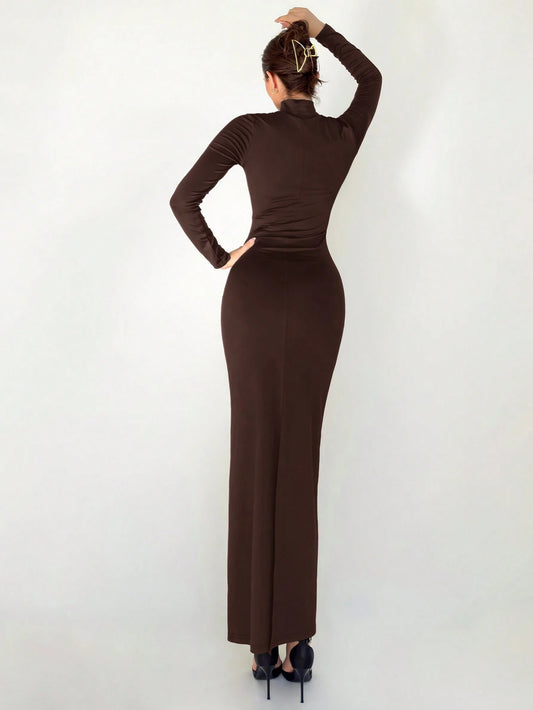 New Slim Fit Warm Stand Collar Long Sleeve Cinched Waist Extra-Long Versatile Knit Dress