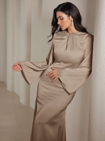 Women's Solid Round Neck Long Sleeve Casual Simple Arabian Style Modest Dress