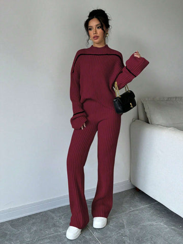 Essnce Stand Collar Color Block Trim Long Sleeve Sweater Top And Long Pants 2 Piece Set