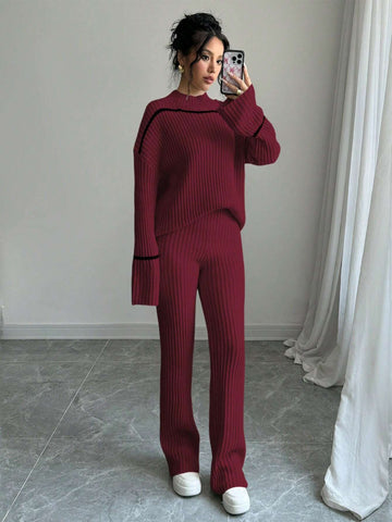 Essnce Stand Collar Color Block Trim Long Sleeve Sweater Top And Long Pants 2 Piece Set