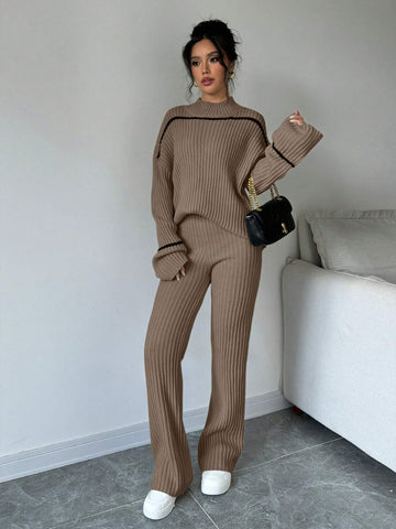 Essnce Stand Collar Color Block Trim Long Sleeve Sweater Top And Long Pants 2 Piece Set