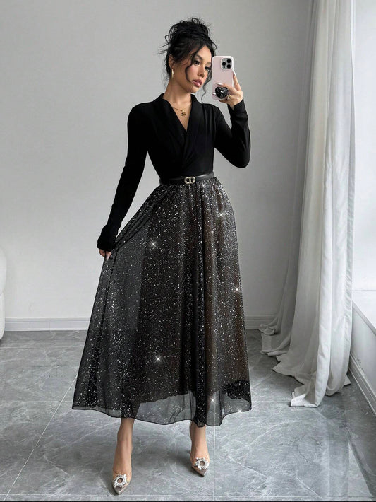 Elenzya Elegant Blouse Collar Cinched Waist Mesh Patchwork Sequin Sparkly Midi Dress