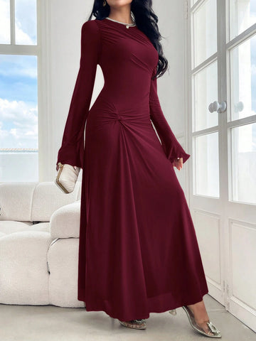 Modely Women's Solid Color Crew Neck Long Sleeve Twist Waist Maxi Elegant Dress