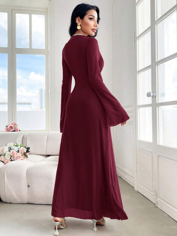 Modely Women's Solid Color Crew Neck Long Sleeve Twist Waist Maxi Elegant Dress