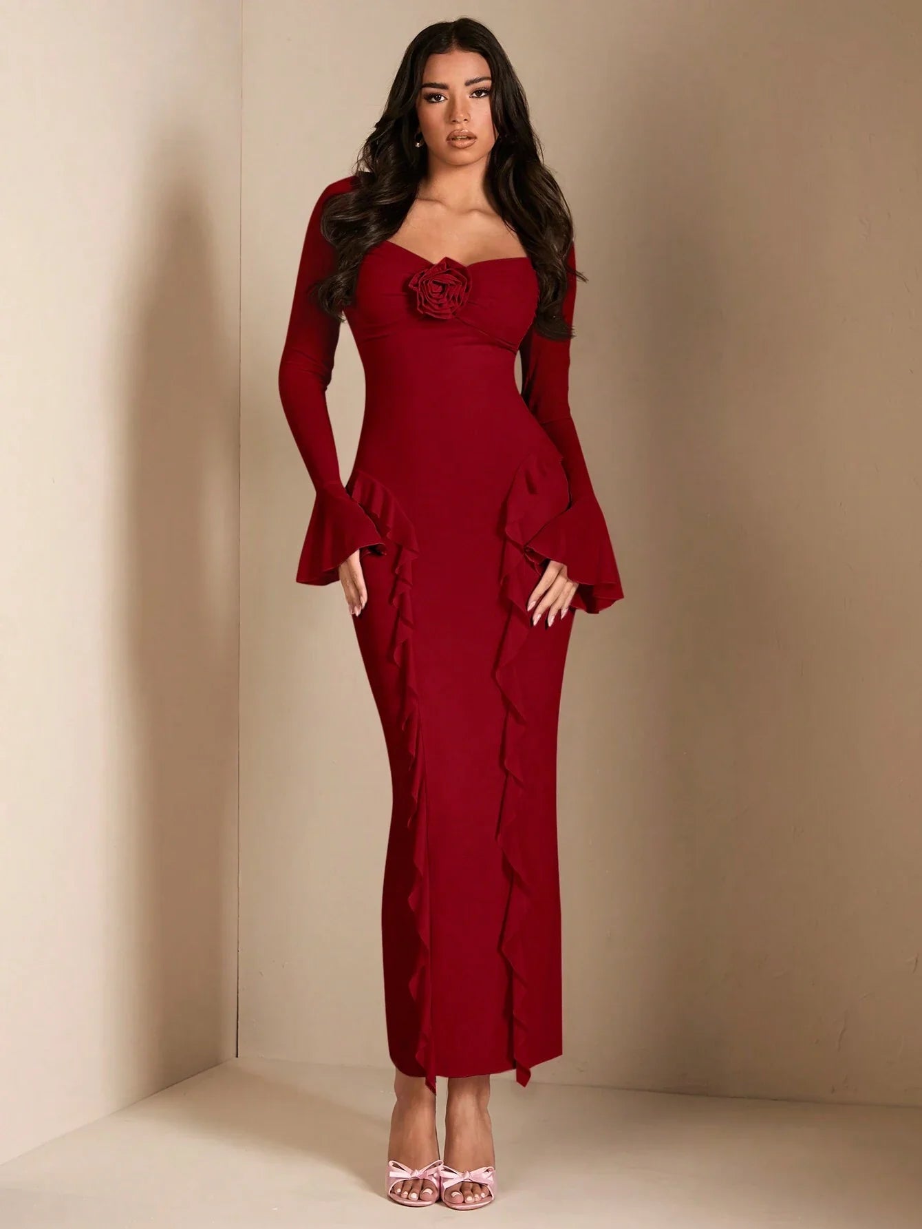 BAE Sweet Pink Extra Long Dress With 3D Floral Decor
