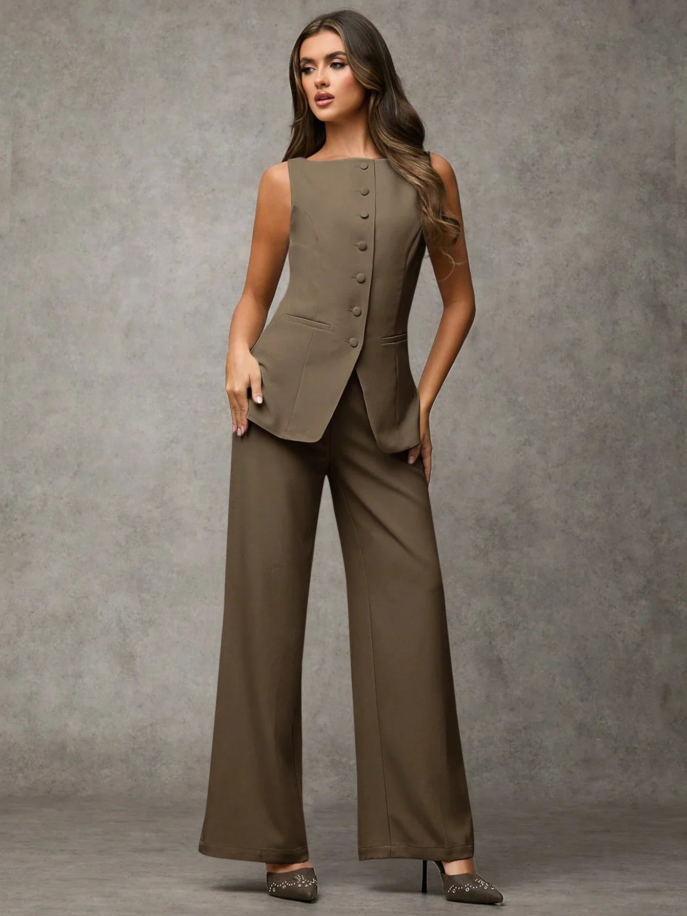 BAE Women's Solid Color Round Neck Single-Breasted Vest And Pants